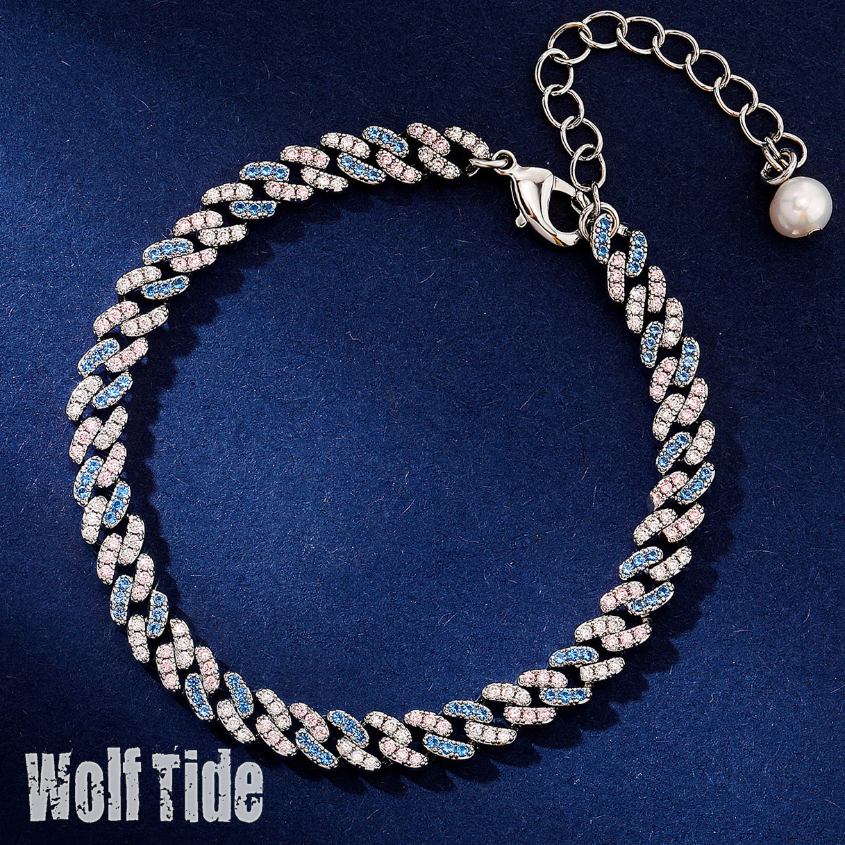 Sparkly Pink Blue 2 Tones Cubic Zirconia Prong Cuban Link Chain Bracelet Punk Hiphop Men And Women Colorful Gemstone Natural Pearl Chains 18k Gold Bij