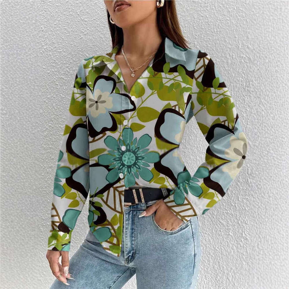 New Retro Digital Printed Long Sleeve Collar Top Women's Trendy Clothing Fashionable Casual Style