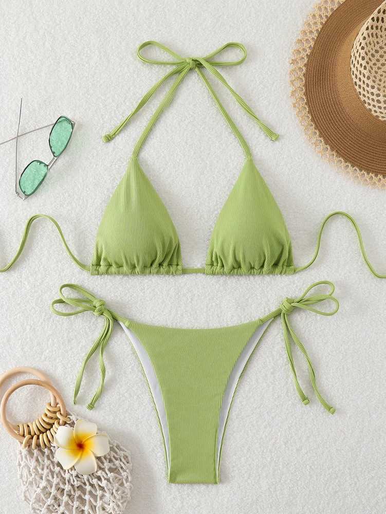Pit Stripe Fabric Women Halter Bikini 11 Colors Hanging Neck Swimsuit Lace Up Sexy ss Brazilian Beach Bathing Suit 2025XJ241212