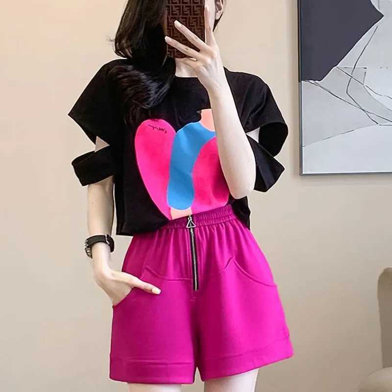 Women's Two Piece Pants Short Slve Pullovers O-neck Short Sets Solid Color Hollow Out Fashion Loose Zipper Elastic Waist Womens Clothing Simplici