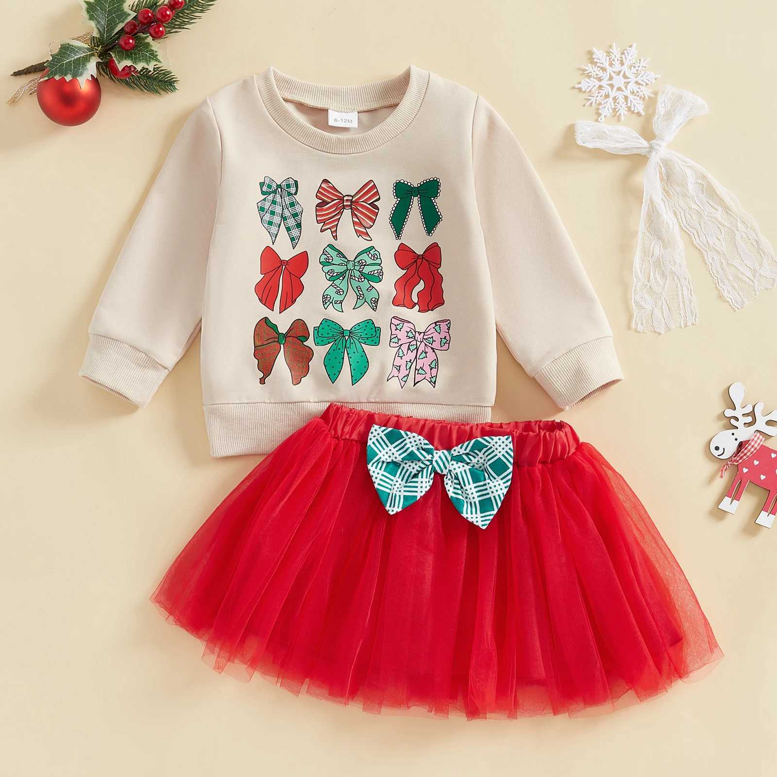 1-4Years Infant Baby Girls Kids Fall Outfits Bow Print Long Sleeve Sweatshirts with Red Tulle Tutu Skirts 2Pieces Christmas Sets W241213