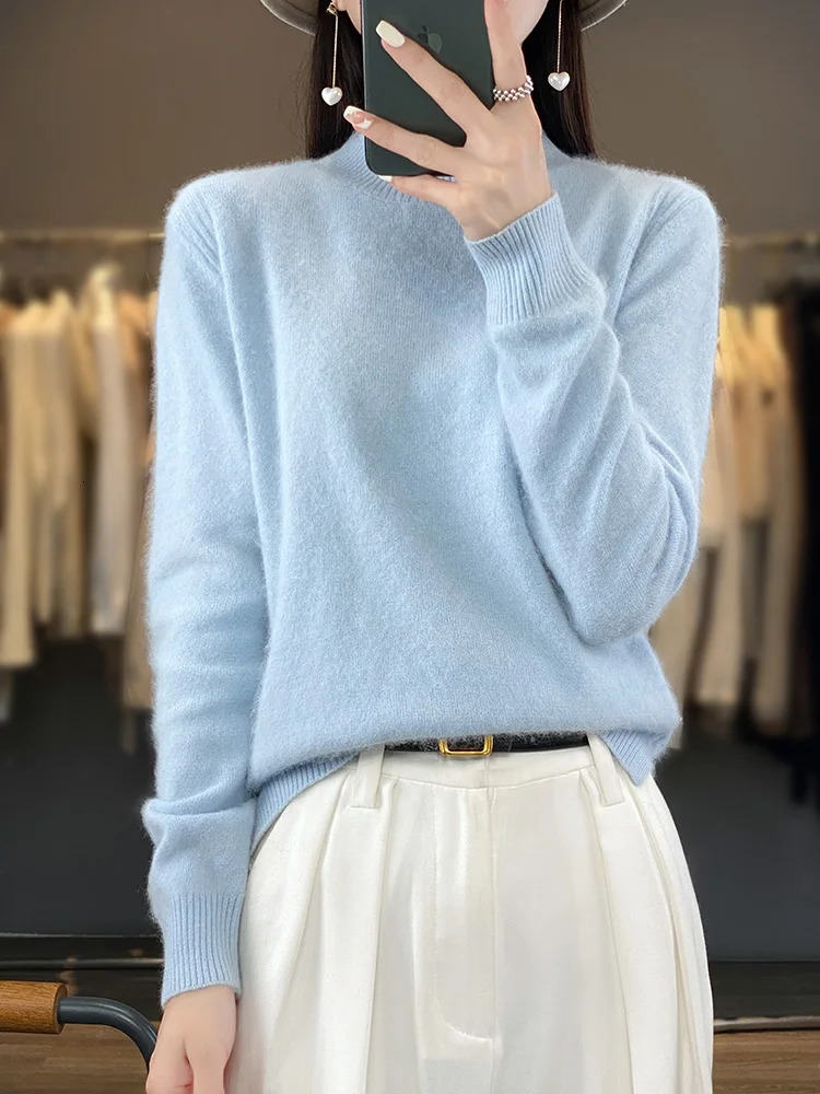100 mink cashmere sweater for women half high collar floral long sleeved knitted fashionable autumn womens clothing 241212