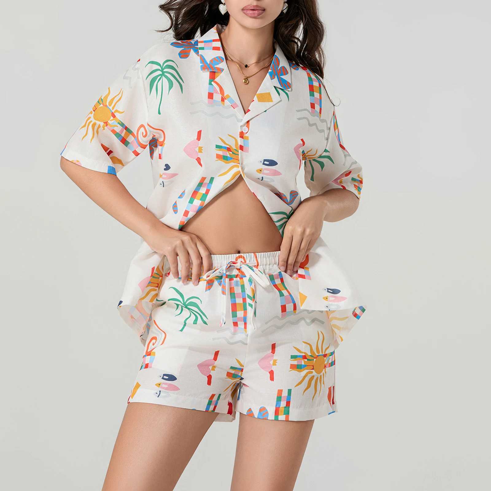 Women's Two Piece Pants Womens Casual 2 Piece Outfits Sun Print Short Slve Lapel Neck Button Up Shirt and Drawstring Shorts Set Loungewear Y24121