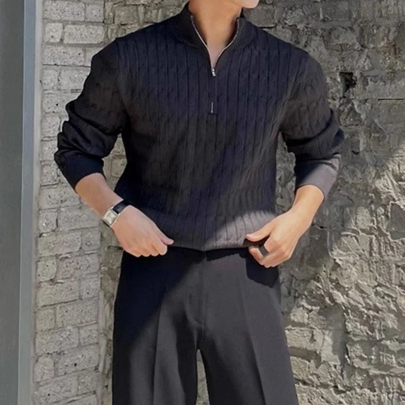 Autumn Clothing Mens Knitted Jacquard Zipper Pullover Sweater Premium Vintage Solid Color Stand Collar Long Sleeve y M3XL 241213