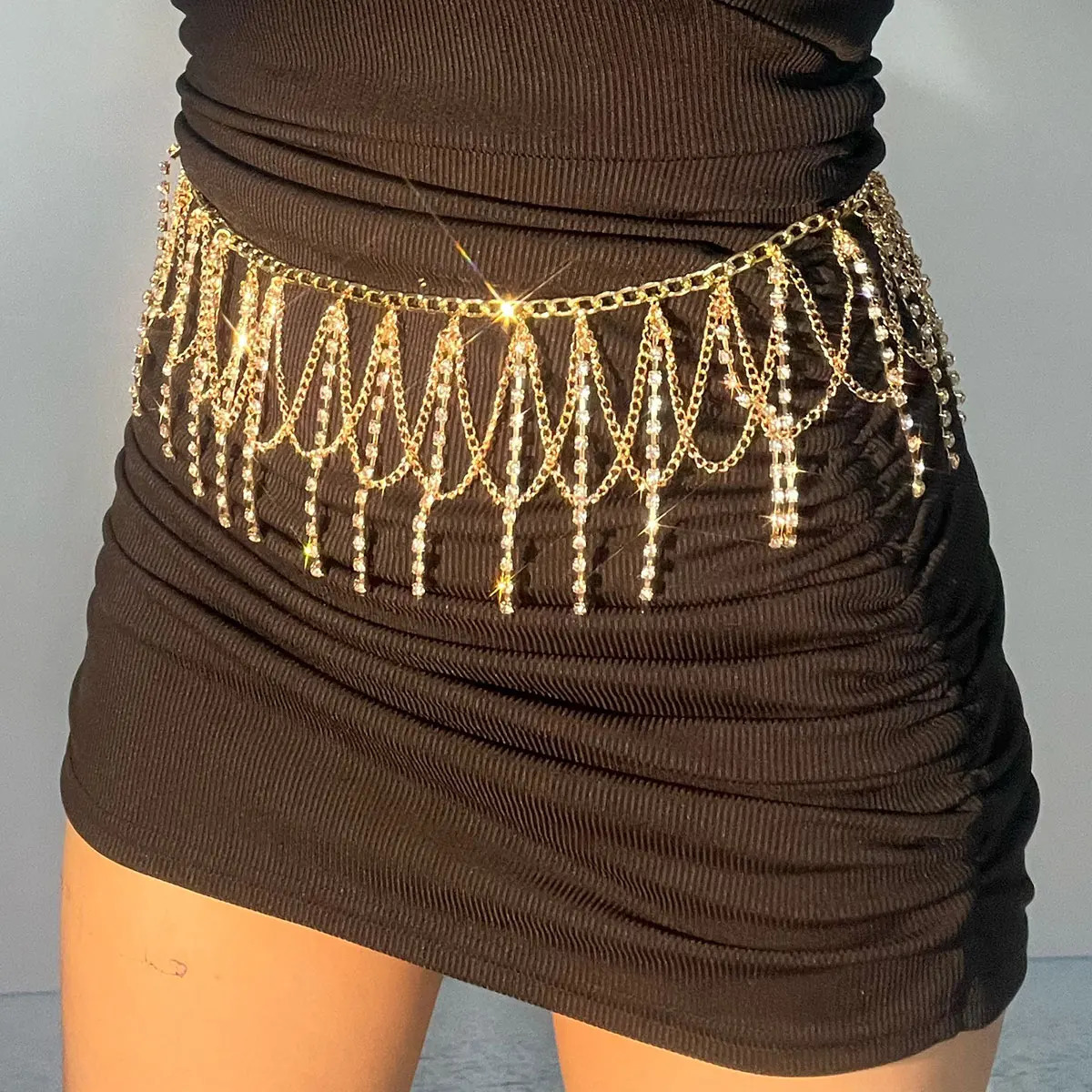 Festival Gifts Sexy Fashion Waist Chain For Lady Shiny Rhinestone Tassel Body Jewelry Stage Performance Party Dress Metal 241213