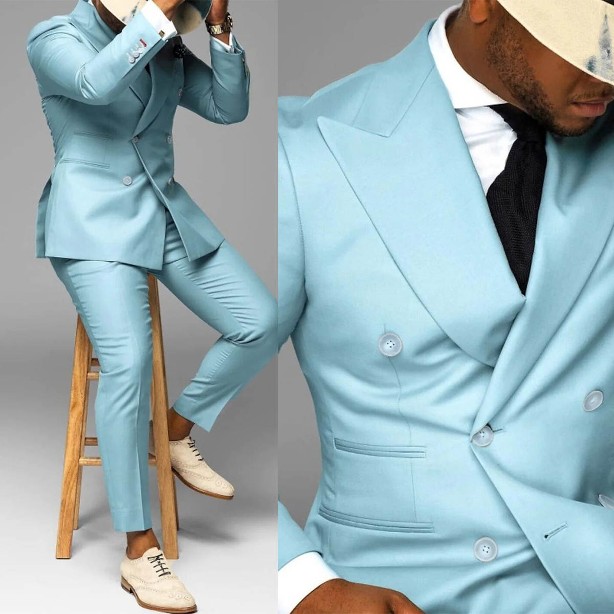 Bright New Fashion Wedding Tuxedos Men Suits 2-Pieces Peaked Lapel Jacket Double Breasted Customized Pinstripe Pockets Bridegroom Coat Pants Occasions