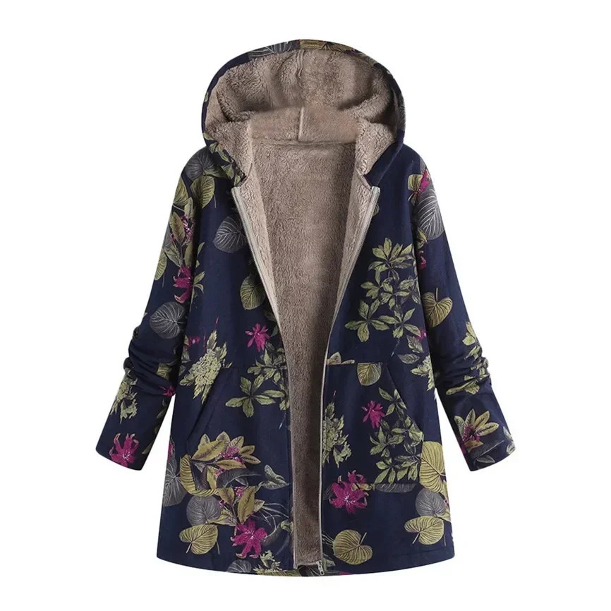 Hooded Coat Women Printed Long Sleeve Plus Size Vintage Tops Autumn Winter Warm Leisure Zipper Woolen Cloth Jacket 241213