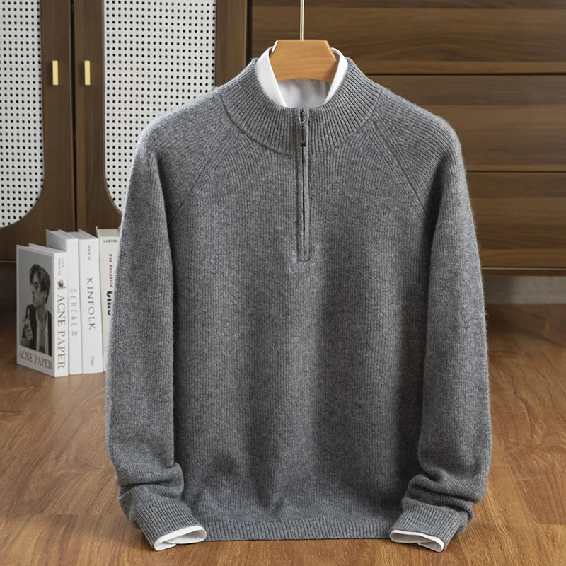 Autumn And Winter 100% Cashmere Mens Semi High Neck Zipper Versatile Temperament Sweater 241213