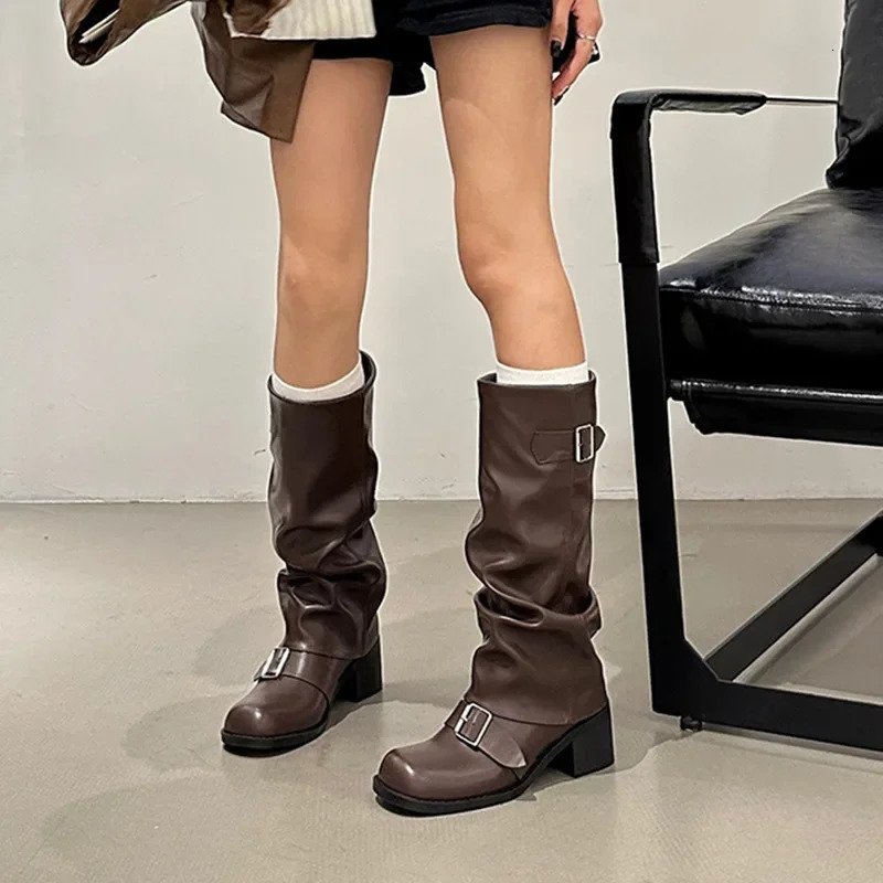 Comemore Autumn Womens Bicycle Boots Fashion Belt Buckle Womens Elegant Platform Long Tube Boots Casual Womens Knee High Boots 241213