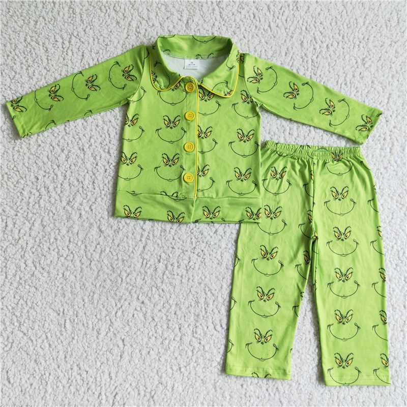 Fashionable Christmas boy and girl matching green character long sleeved pajamas set wholesale boutique childrens clothing W241213