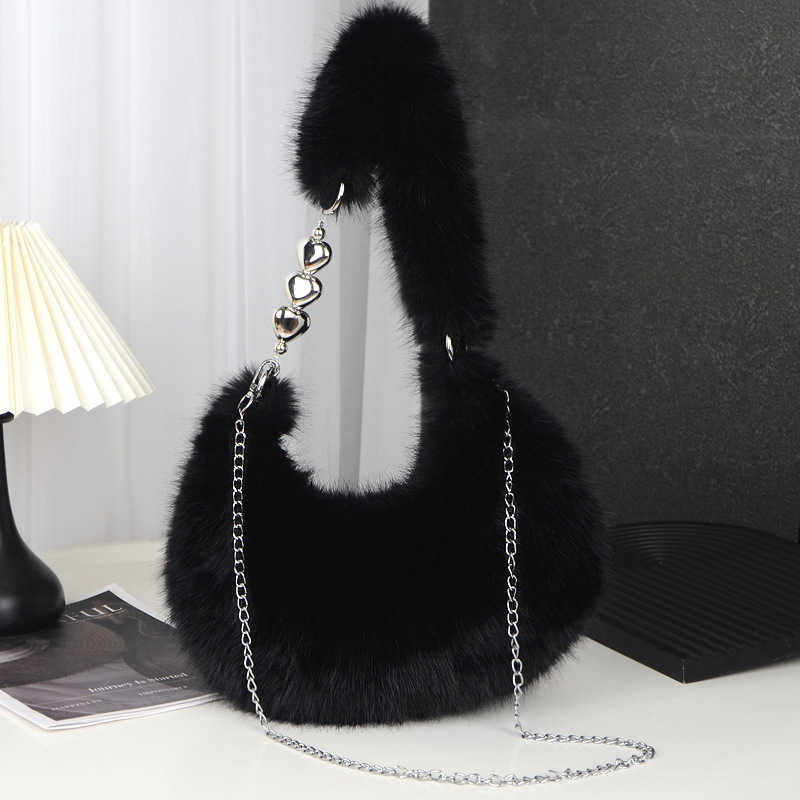 Autumn and winter handbag womens fur plush cute heart chain Korean version versatile new zipper large capacity crossbody single shoulder handbag