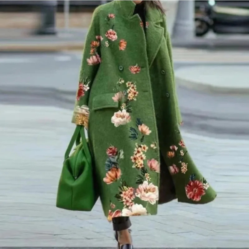 Casual Fashion Long Sleeve Lapel Collar Print Loose Jacket Trench Outwear Autumn Wool Coat for Women Y2K Clothes 241213
