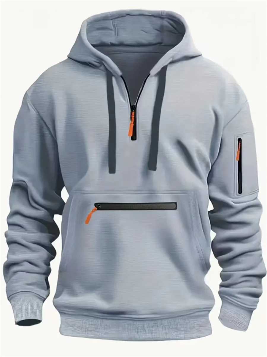 Autumn and Winter Mens Classic Outdoor Sports Leisure Solid Color Patchwork Multi-Pocket Drawstring long-sleeved hoodie W241213