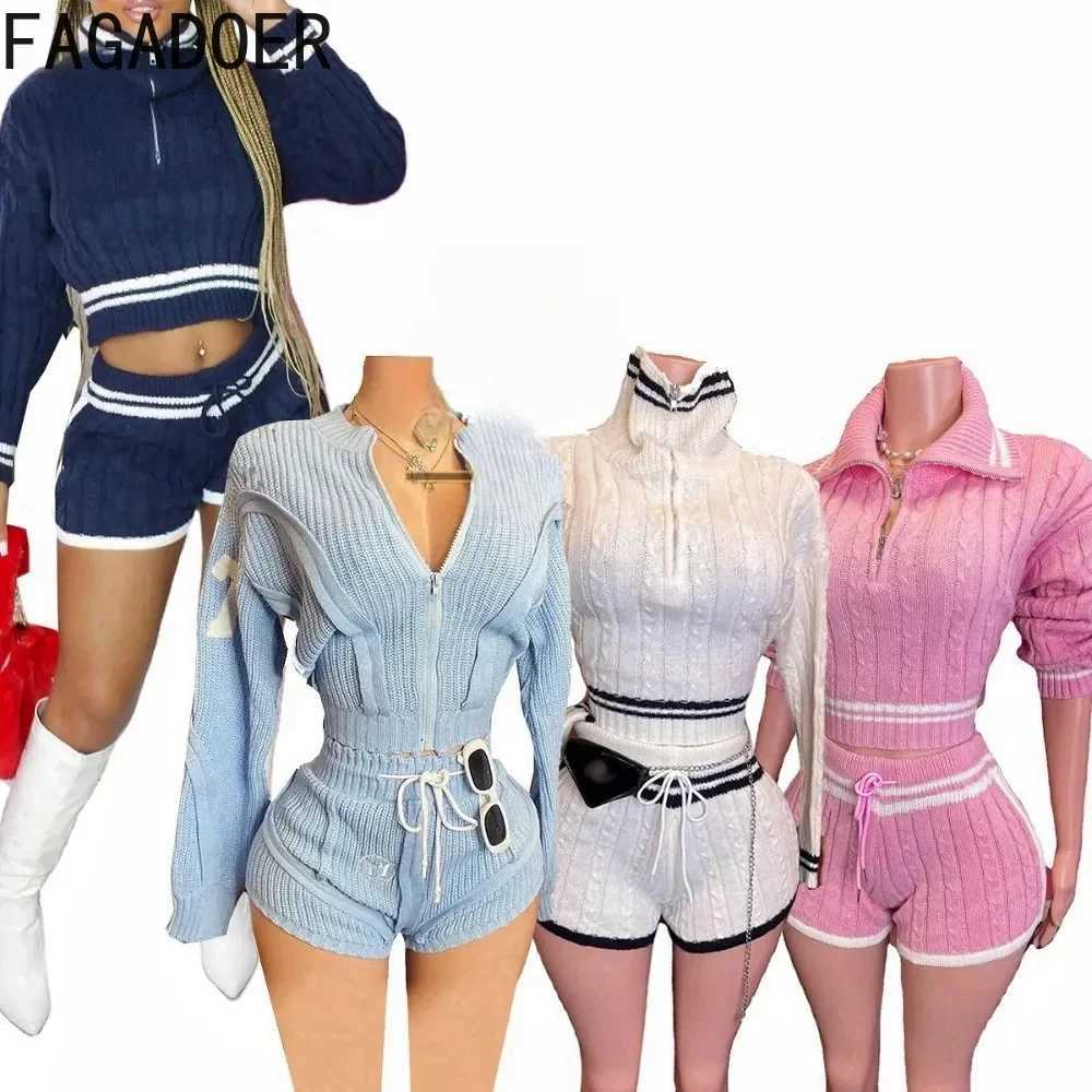 Women's Two Piece Pants FAGADOER Swt Knit 2 Piece Sets Women Outfit Female Lapel Zip Stripe Patchwork Crop Top And Drawstring Waist Shorts Suits 