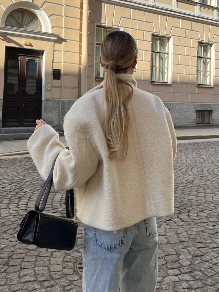 White Fashion Zipper Cashmere Womens Jacket Fashion Collar Long Sleeve Loose Cutting Coat Womens Autumn/Winter Casual Coat 241205