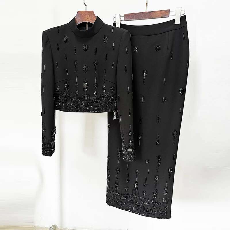Ladies' Suit HIGH STREET Newest Designer Runway Suit Women's Stand Collar Zip Back Cropped Tops Long Skirt Set 2Pcs