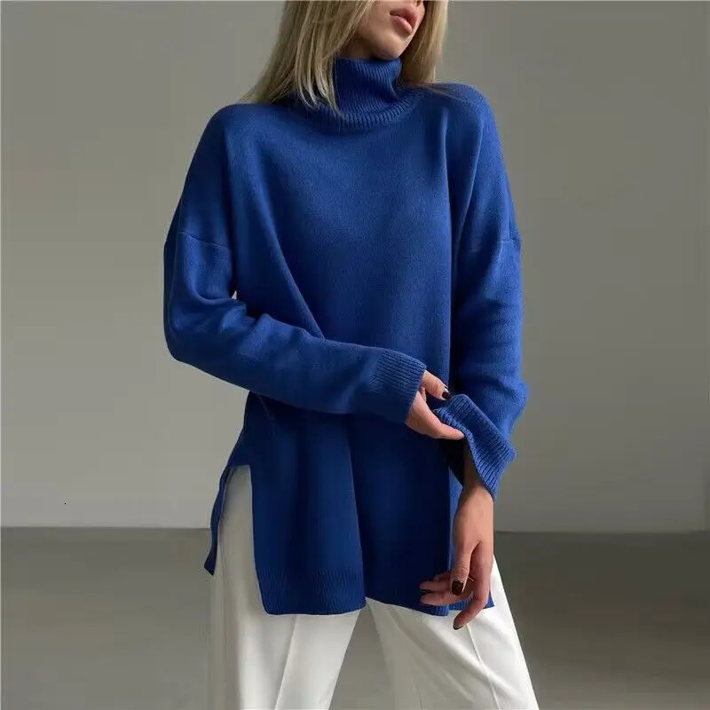 Autumn and Winter Solid Color Loose Turtleneck Slit Knit Sweater Womens Casual Temperament Thick Pullover 241203