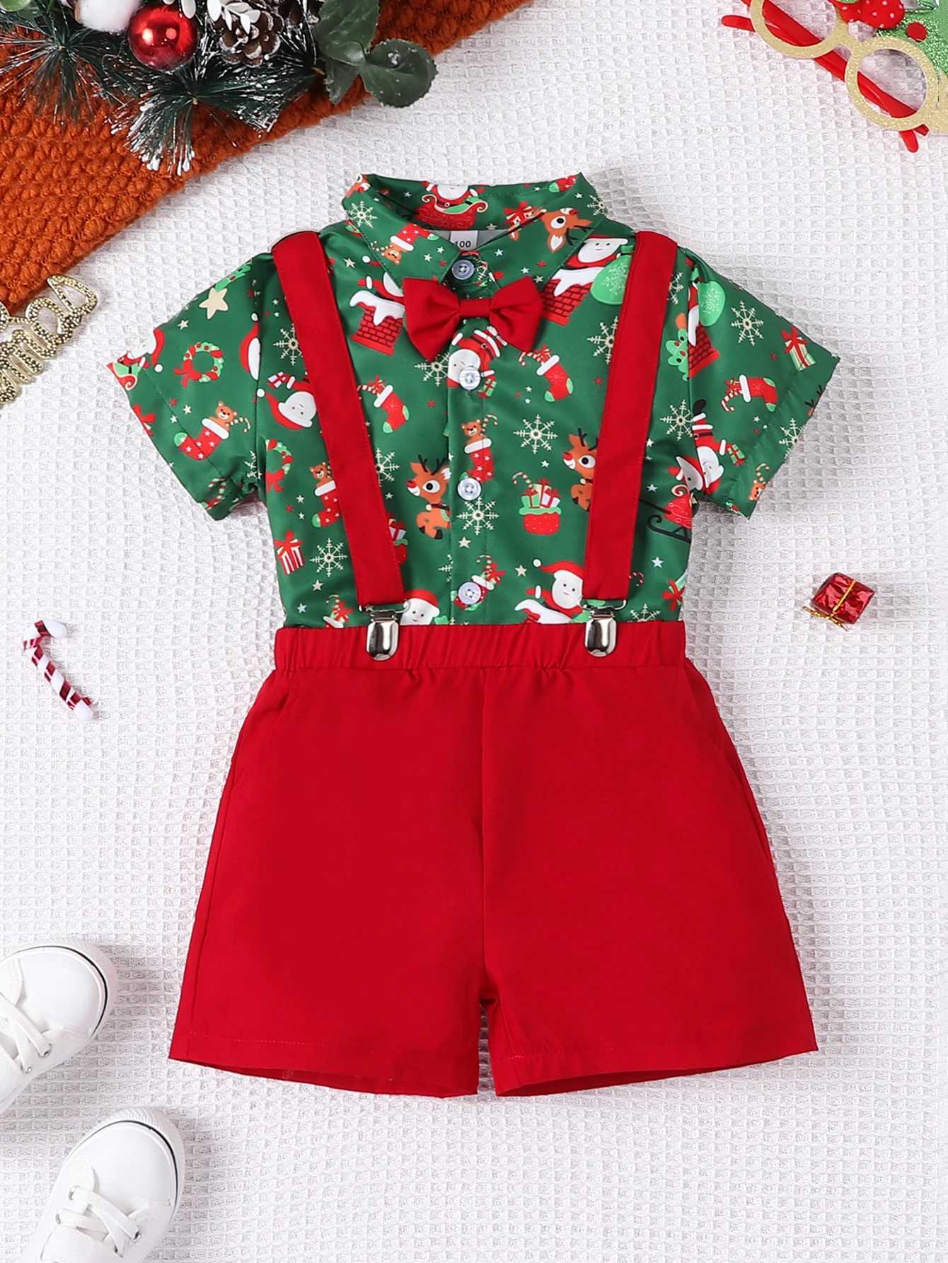 Prowow Baby Christmas Set Childrens Collar Christmas Shirt+Red Top Childrens New Year Clothing Boys Christmas Clothing W241213