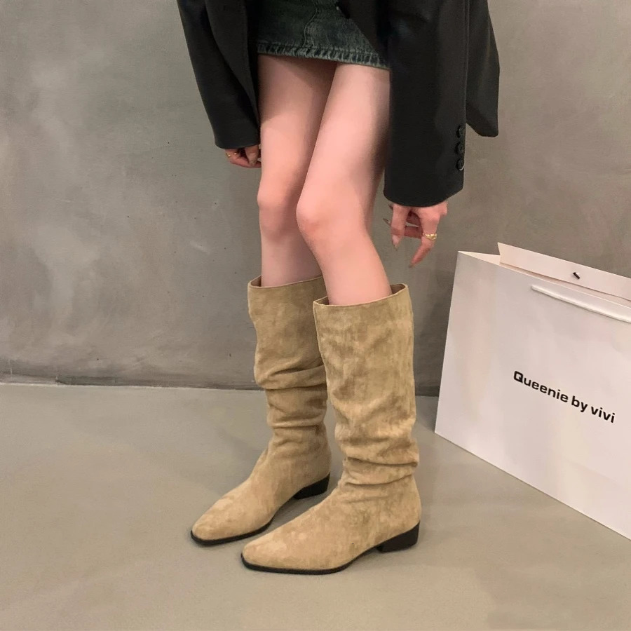 Womens knee high boots autumn and winter womens shoes fashionable womens sliding up folding low toe boots Botas De Mujer D81 241213