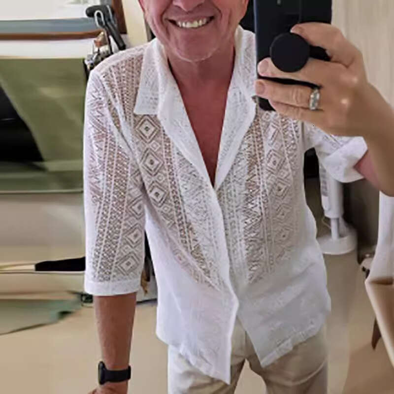 Foreign Trade European And American Summer Men's Clothing New Style Solid Color Sexy Mid Sleeve Mesh Perspective Lace Top Shirt Fashion Quality C