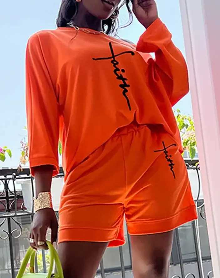 Women's Two Piece Pants 2 Piece Sets Women Outfit Casual Faith Print Summer Womens Suit Long Slved Top Elastic Waist Shorts Set Y2K Womens Shorts