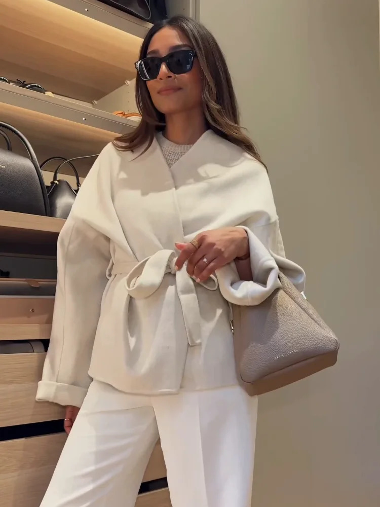 Autumn collar with pink womens wool coat thick warm and casual long sleeved V-neck jacket 2024 womens commuting office street clothing 241209