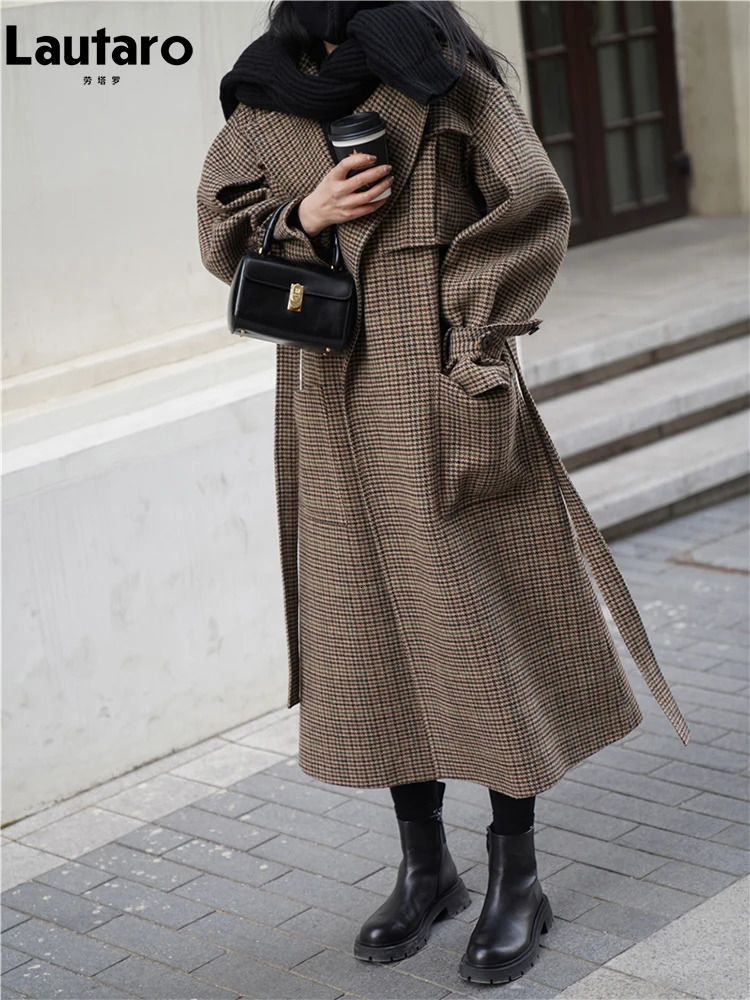 Lautaro Autumn Winter Long Loose Stylish Warm Plaid Wool Blends Coat Women Sashes y ner Runway European Fashion 241213