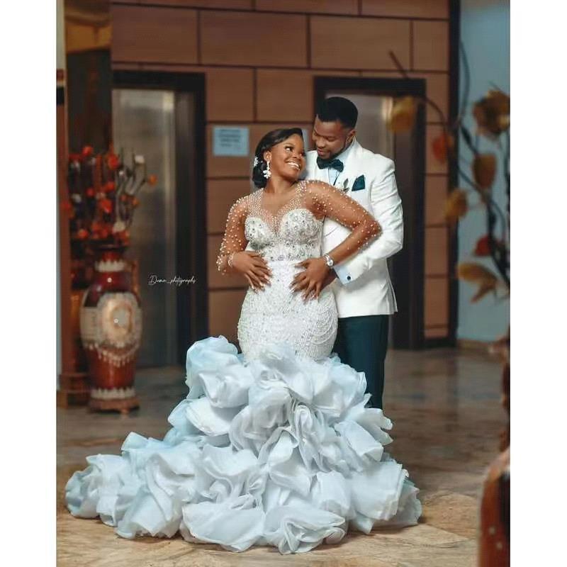 Shinny Full Beads Crystals Mermaid Arabic Aso Ebi Wedding Dress Long Sleeves Tiered Ruffles Bridal Gowns bc19872