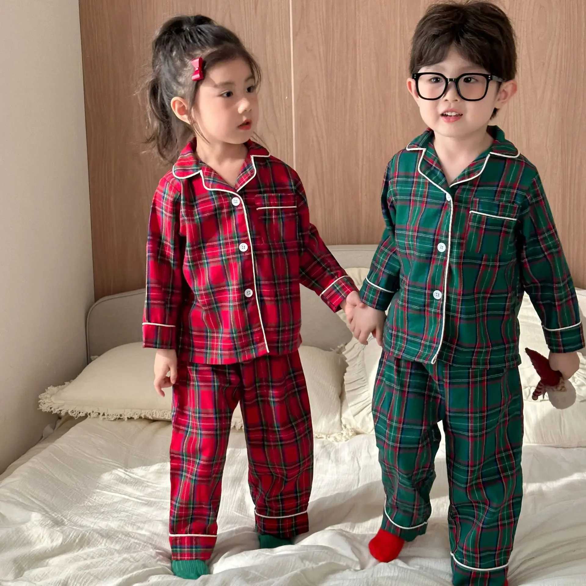 4966 Christmas Childrens Pajama Set 2024 Autumn Winter Pure Cotton Checkered New Girl Long Sleeve Set Baby Boy Home Clothing W241213