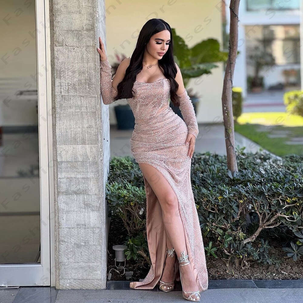 Sexy Female Elegant Evening Party Dree Simple Backle Beautiful Off Shoulder High Slit Sparkg Beading Prom Gown 2024