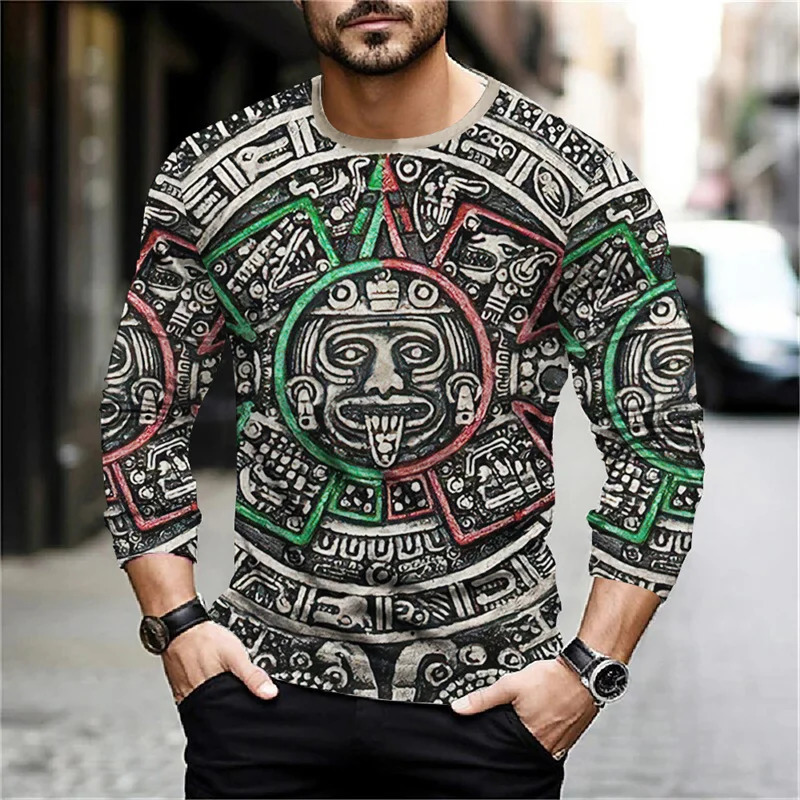 2024 Mexico Aztec Graphic T Shirts For Men Vintage 3d Printed Long Sleeve Tees Street Hip Hop Oversized TShirt Mens Clothing 241213