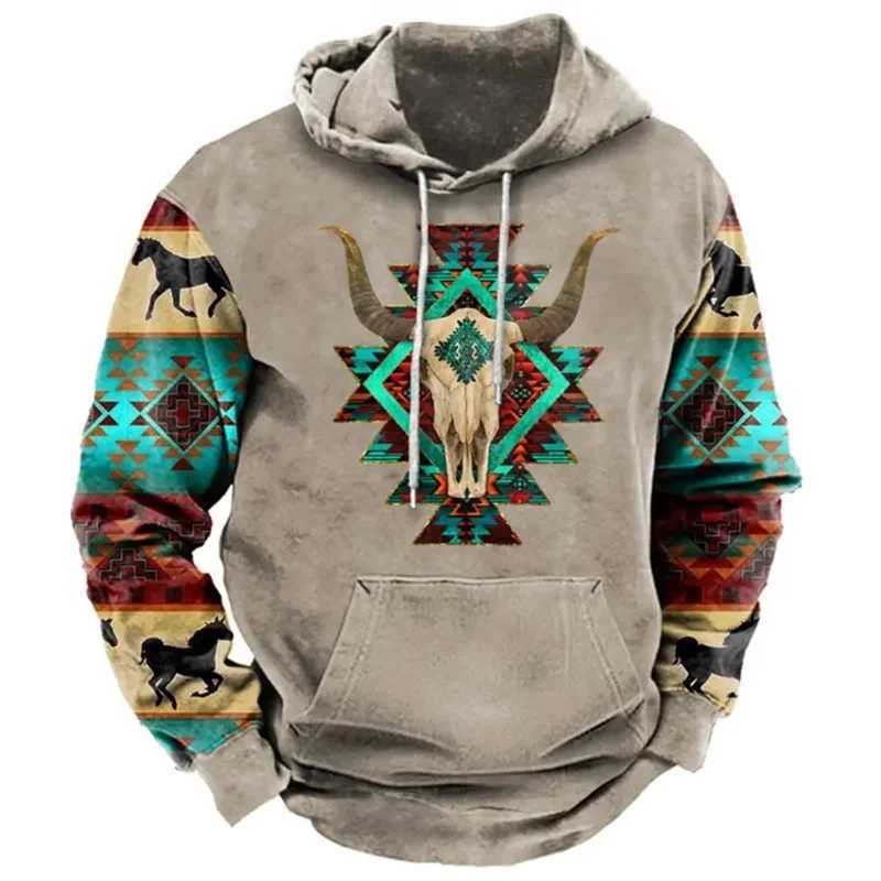 North American Demon Wendigo Printed Hoodie Western Cowboy Hoodie Sportswear Daily Casual Over Floral Retro Streetwear W250108