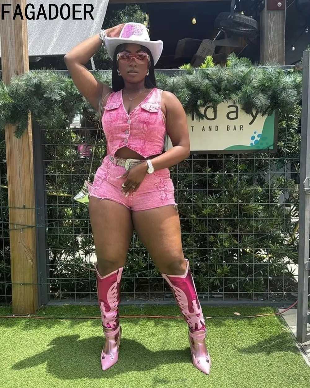 Women's Two Piece Pants FAGADOER Denim Sexy 2 Piece Sets Women Outfit V-Neck Buttons Crop Vest and Embroidered Patchwork Shorts Suit Y2k Strtwear