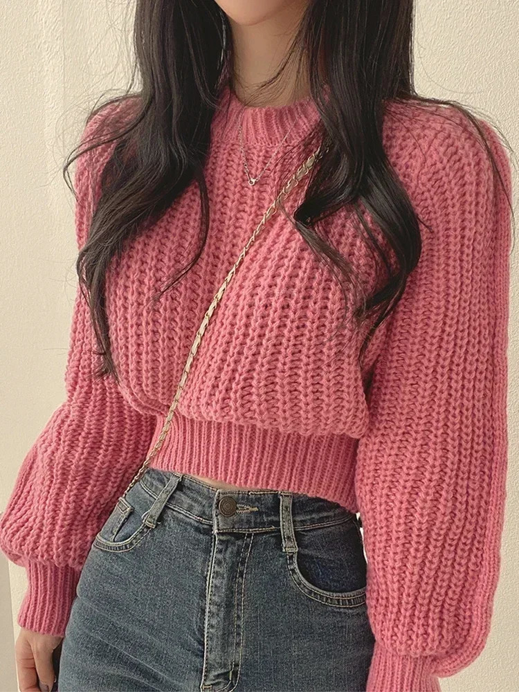 Knitted Sweater Pullovers n Cute Sweet Japan Girls Solid O Neck Short Crop Knit Tops 4 Colors 2024 Winter Autumn 241203