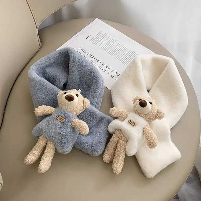Scarves Wraps Cartoon Bear Kids Cross Scarf Winter Plush Children Warm Neck Collar Thicken Faux Rabbit Fur Baby Scarves Boy Girl Neckerchief H241213