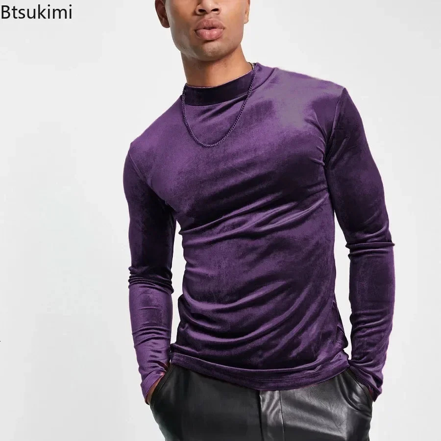 2025 mens casual turtle neck velvet floral top solid long sleeved T-shirt for spring and summer warmth mens basic T-shirt 241210