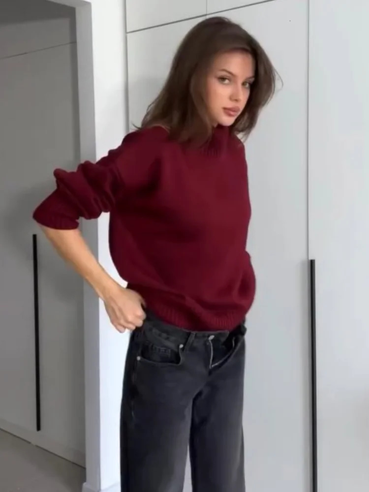 Casual Solid Round Half High Collar Womens Jumper Elegant Long Sleeved Loose Pullover Sweater 2024 Autumn Female Basic Knitwear 241203