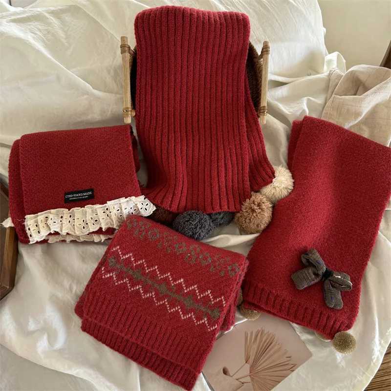 Scarves Wraps Winter New Years Scarves Children Christmas Red Solid Color Scarf For Girl Baby Gift Retro Trend Imitation Cashmere Warm Shawl H241213