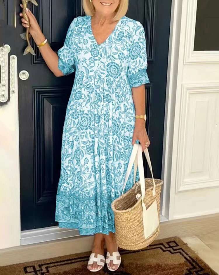 Temperament Commuting V-Neck Short Sleeved Ral Tie Printed Loose Long Dress