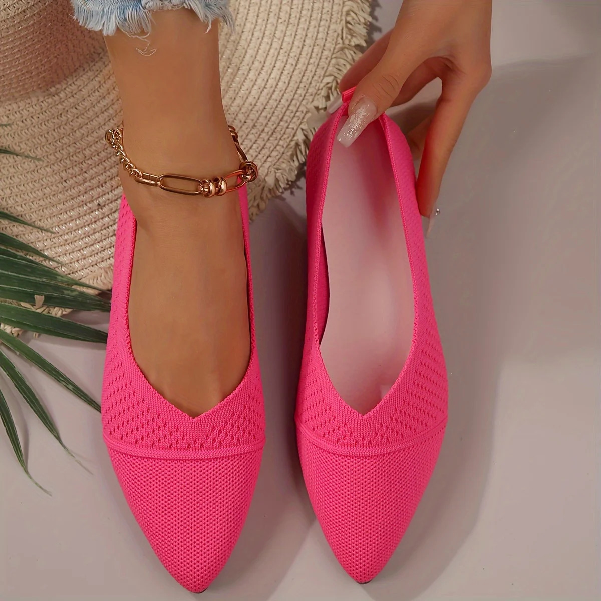 Womens Pointed Toe Flat Shoes Solid Color Knitted Sliding Womens Shoes Casual Breathable Ballet Womens Flat Shoes 241213