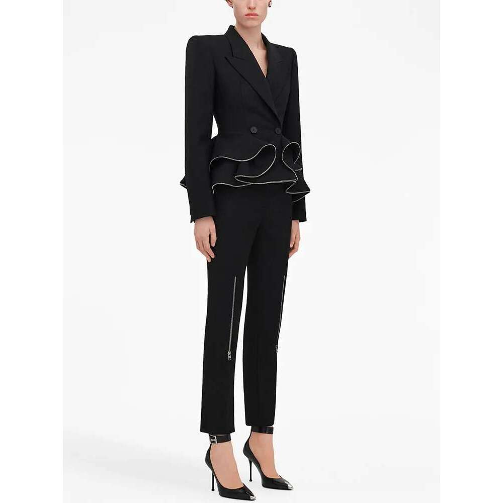 Ladies' Suit HIGH QUALITY Newest Fashion Designer Set Women's Zipper Ruffle Edge Blazer 2Pcs Pants Suit