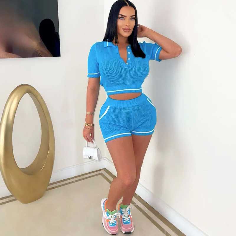 Women's Two Piece Pants Knit Ribbed Crochet 2 Piece Set Womens Short Slve Top and Shorts Matching Strtwear Stretch Outfits Y241213JISX
