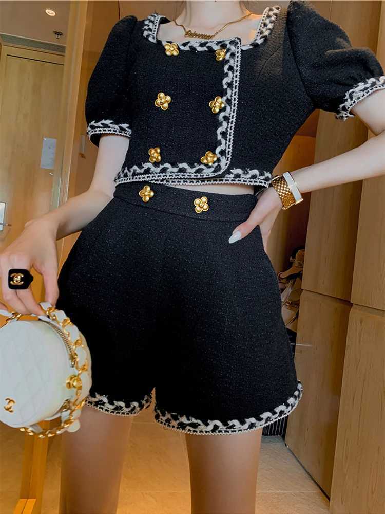 Women's Two Piece Pants Korean Chic Vintage Twd 2 Piece Sets Women Outfits Short Slve Twd Cropped Top Shorts Sets Fashion Two Piece Pant Suits Y2