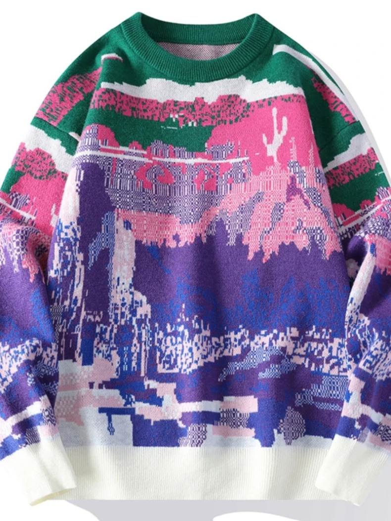 Winter Knitted Sweater Men Women Print Graffiti Knitwear Japanese Crewneck Jumper Couple Pullover Male Youth Geometirc 241213