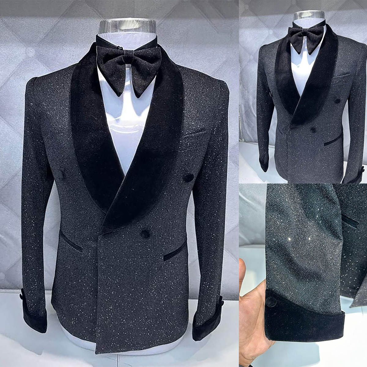 Luxury Wedding Suits Sequins Velvet Double Breasted Fashion Men Tuxedos 1 Piece Set Coat Shawl Lapel Formal Groom Tuxedo suit Customized