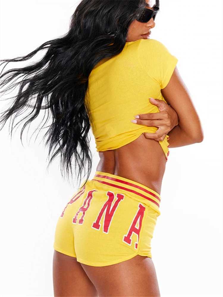 Women's Two Piece Pants WLWXR Summer Letter Print 2 Piece Tracksuit Casual Sporty Outfits For Women 2024 Y2K Yellow Stretch Tight Crop Tops Short