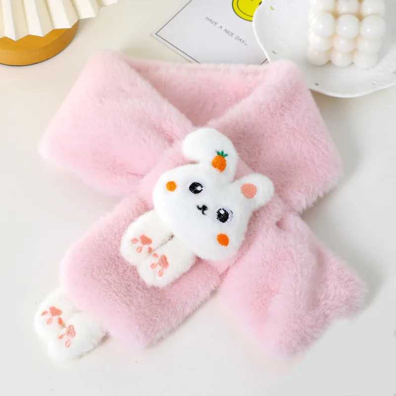 Scarves Wraps Baby Boys Girls Winter Scarfs Thick Plush Cross Children Scarf Baby Bib Cute Cartoon Rabbit Faux Fur Neck Protection Warm Shawl H241213