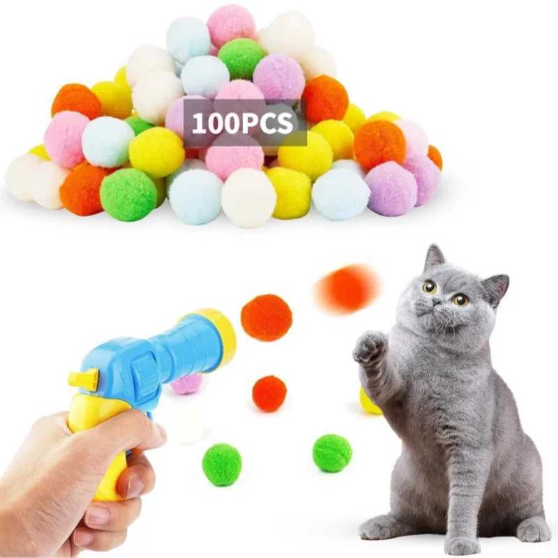 Plush Ball Shooting Gun Cat Toys Interactive Kittens Mini Pompoms Launcher Games Pet Accessories Indoor Cats Self Fun Toy X241213