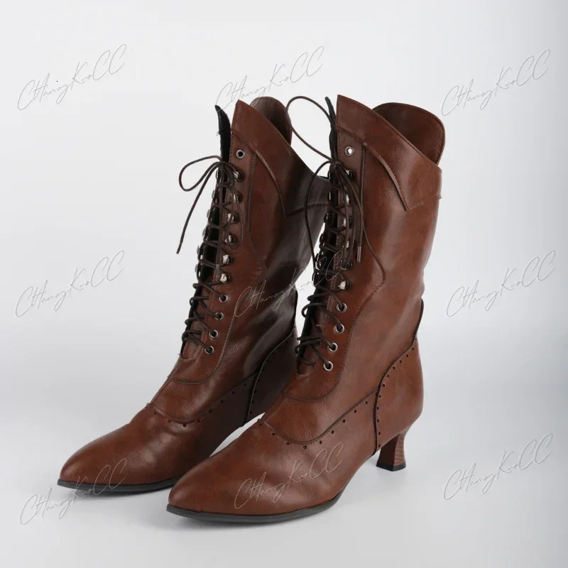 British punk womens shoes retro knight boots medieval PU leather ankle boots fashionable womens role-playing high heels Botas 241213