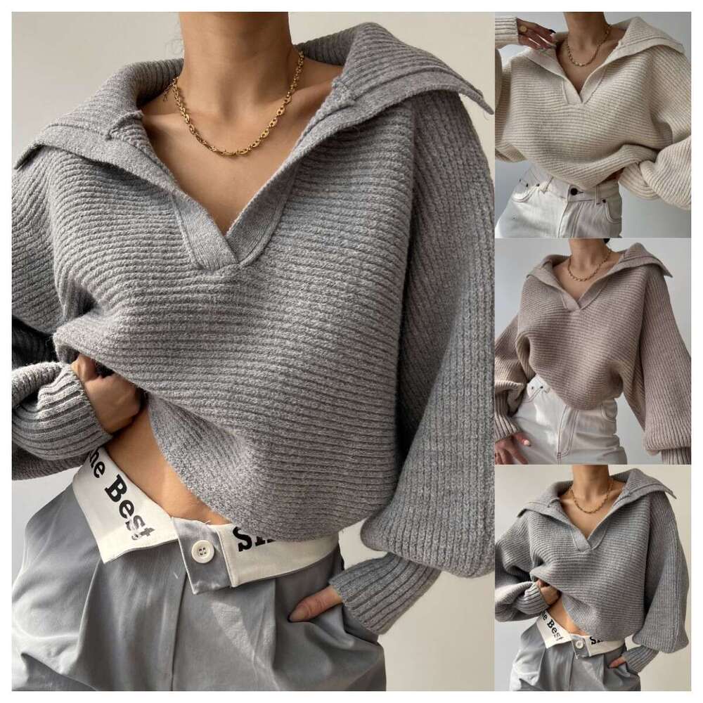 European American Foreign Trade Spring Autumn New Products Knitted Sweater Flip Collar Hoodie Women's Top Trendy Clothing Fashion And Leisure Atm